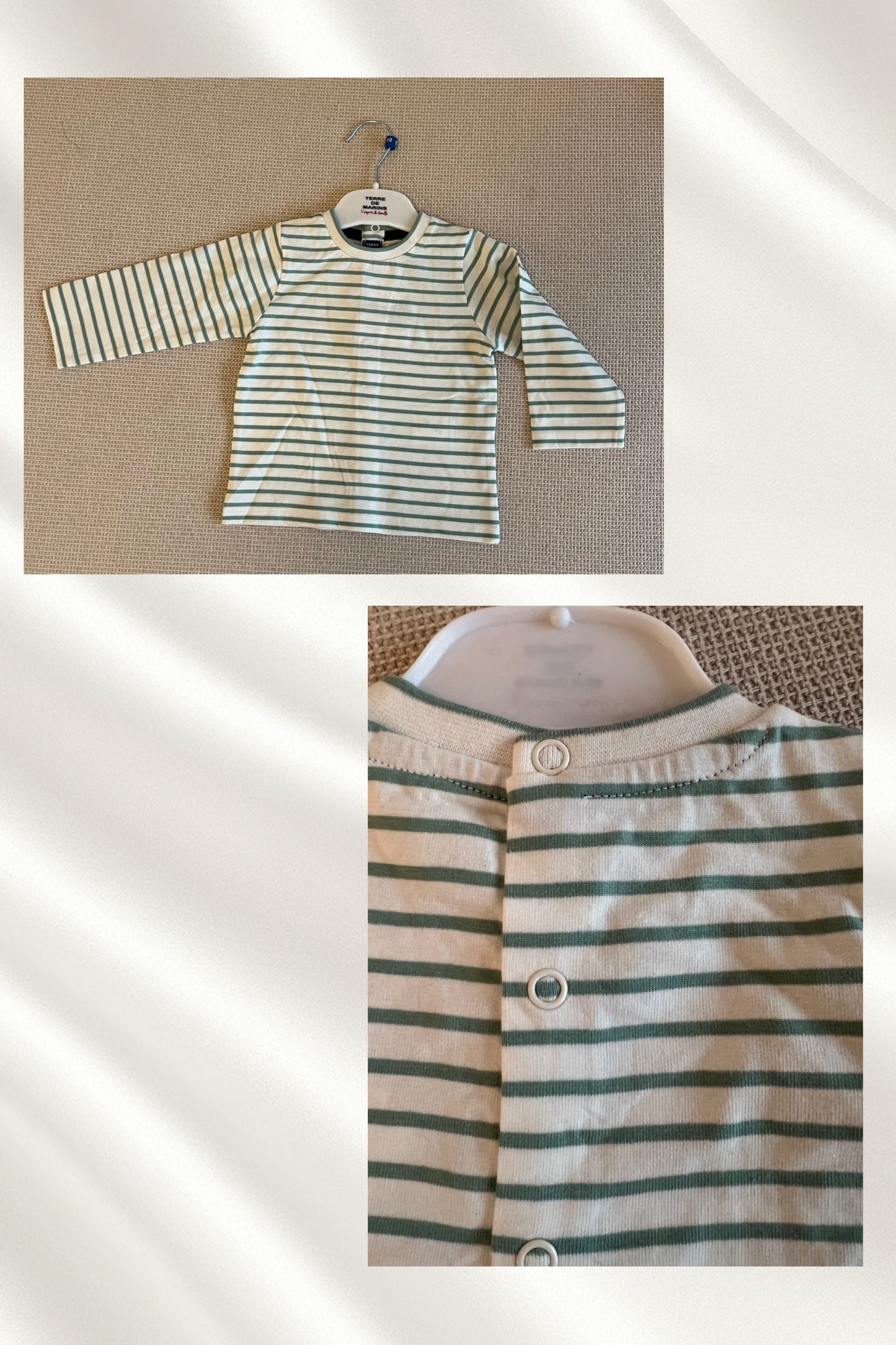Ensemble salopette bleu marine et haut rayé vert