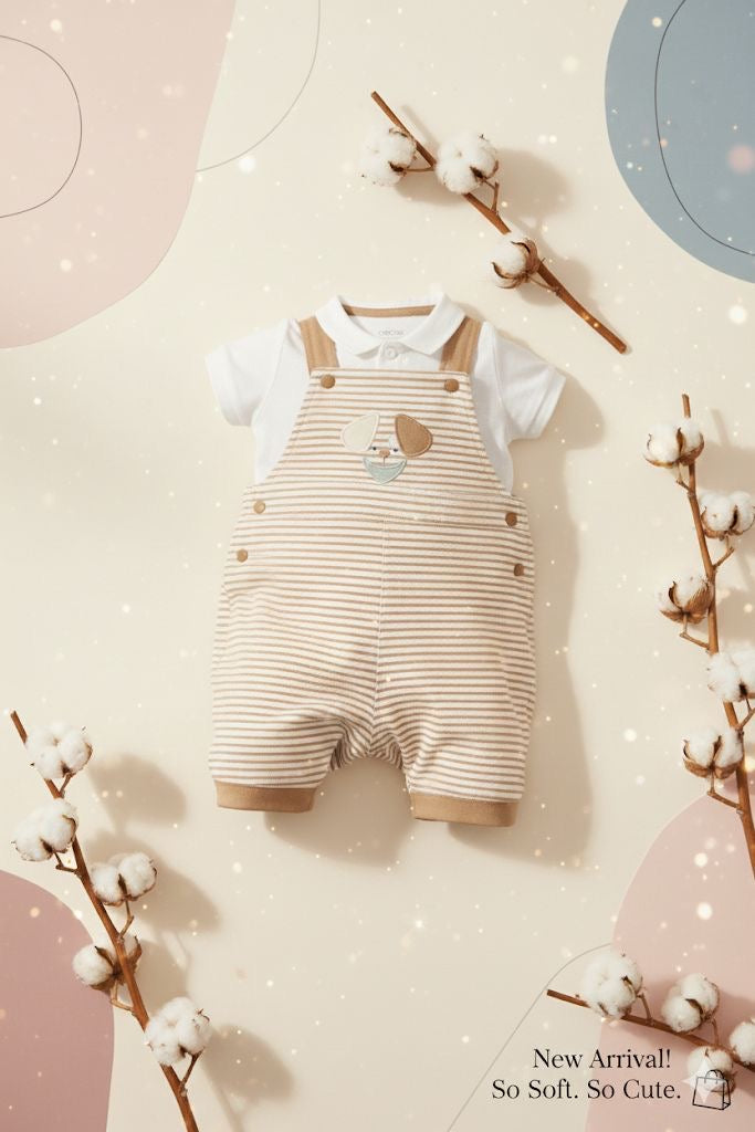 Ensemble 2 pcs salopette rayée beige et Polo