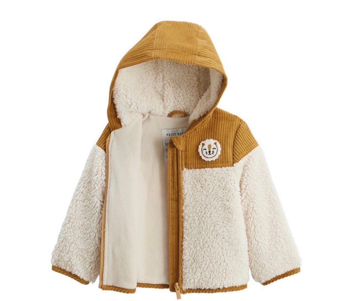 Veste blanche intérieur polaire et capuche moutarde