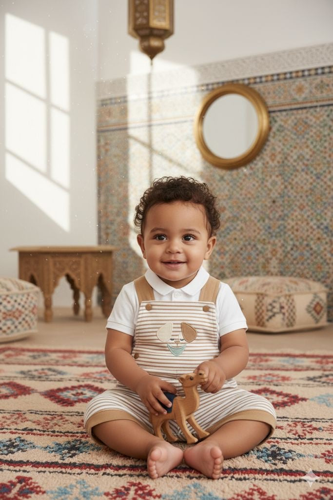 Ensemble 2 pcs salopette rayée beige et Polo