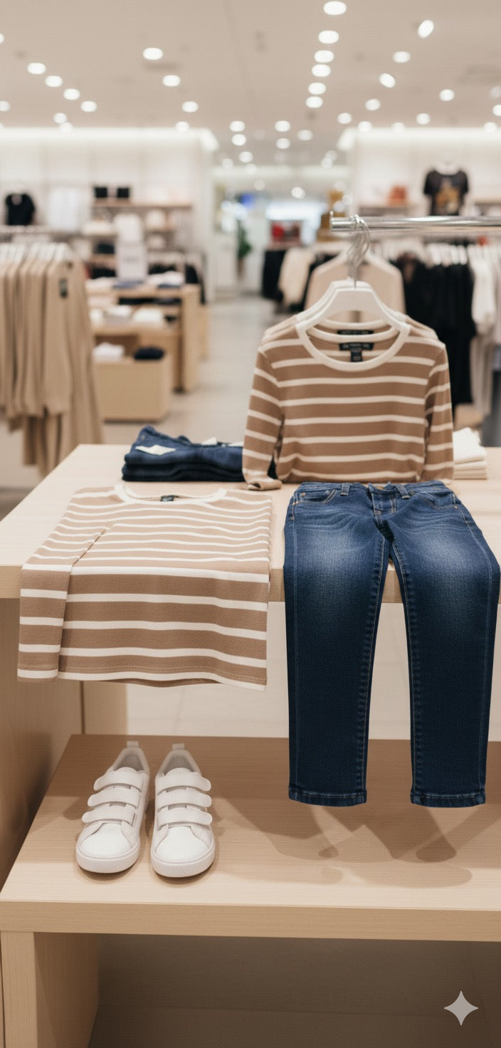 Ensemble 2 pcs Pull rayé en beige & Jean bleu marine