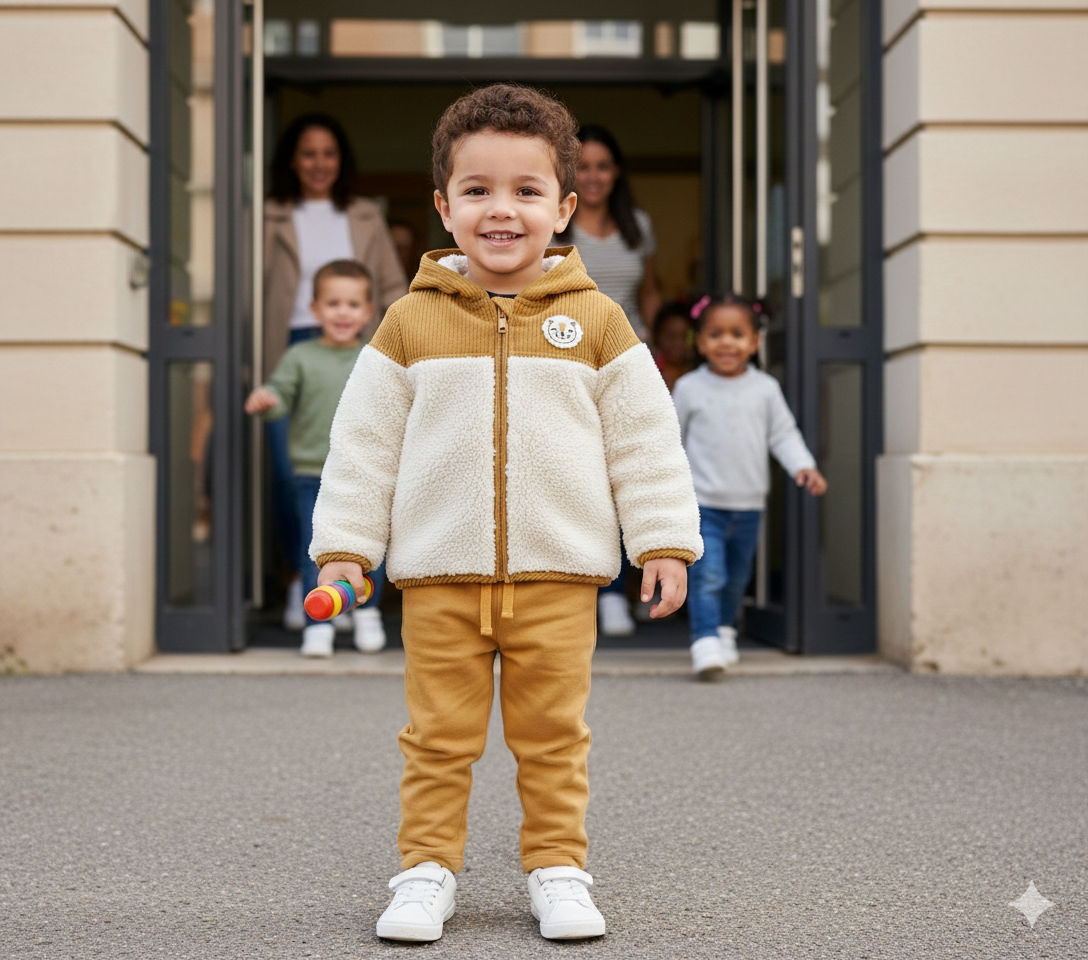 Veste blanche intérieur polaire et capuche moutarde