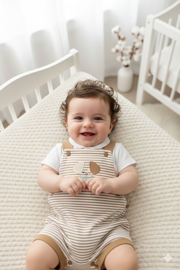 Ensemble 2 pcs salopette rayée beige et Polo