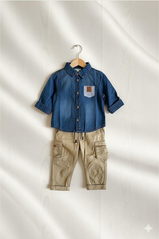 Ensemble 2 pcs chemise jean et pantalon beige