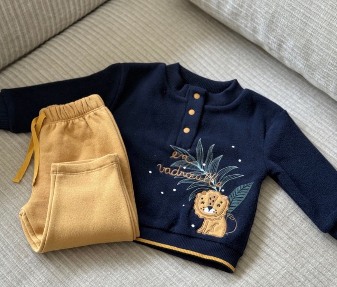 Ensemble 2 pcs sweat polaire bleu et pantalon molleton moutarde