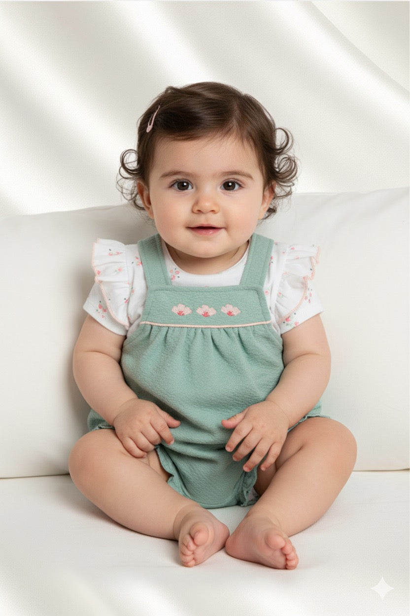 Ensemble 2 pcs salopette courte en vert avec Body motif fraise