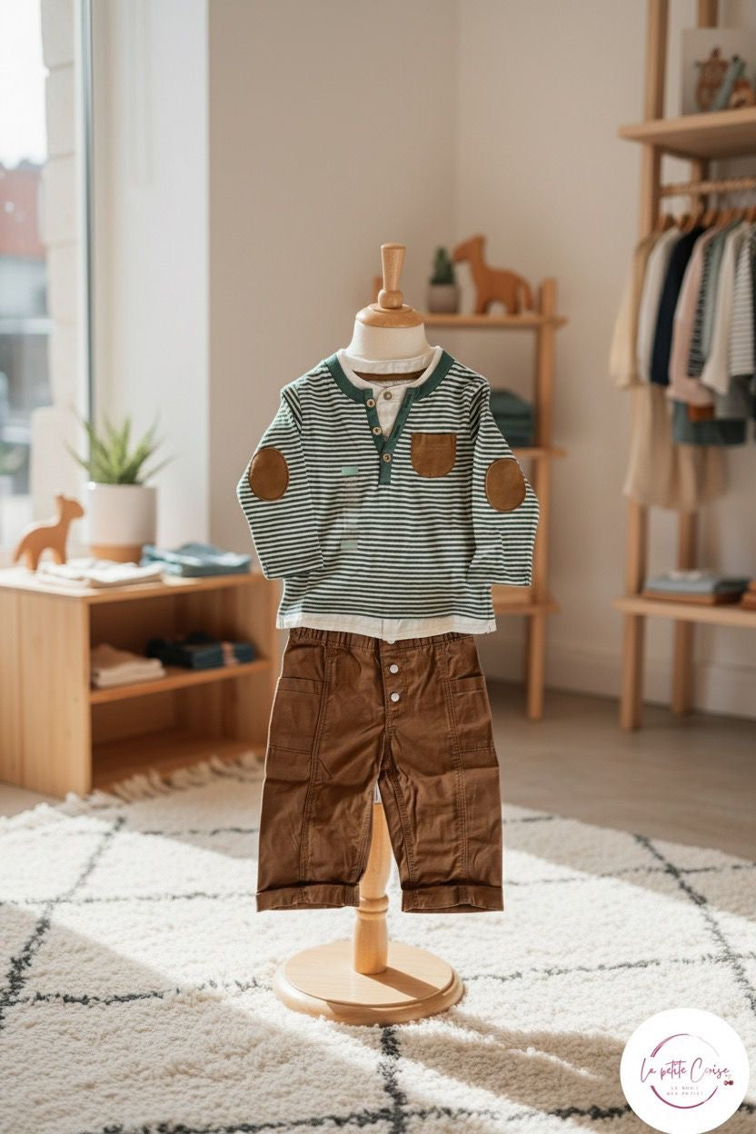 Ensemble 2 pcs Pull rayé en vert & pantalon marron