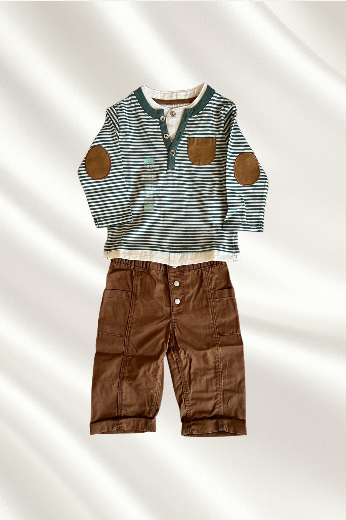 Ensemble 2 pcs Pull rayé en vert & pantalon marron