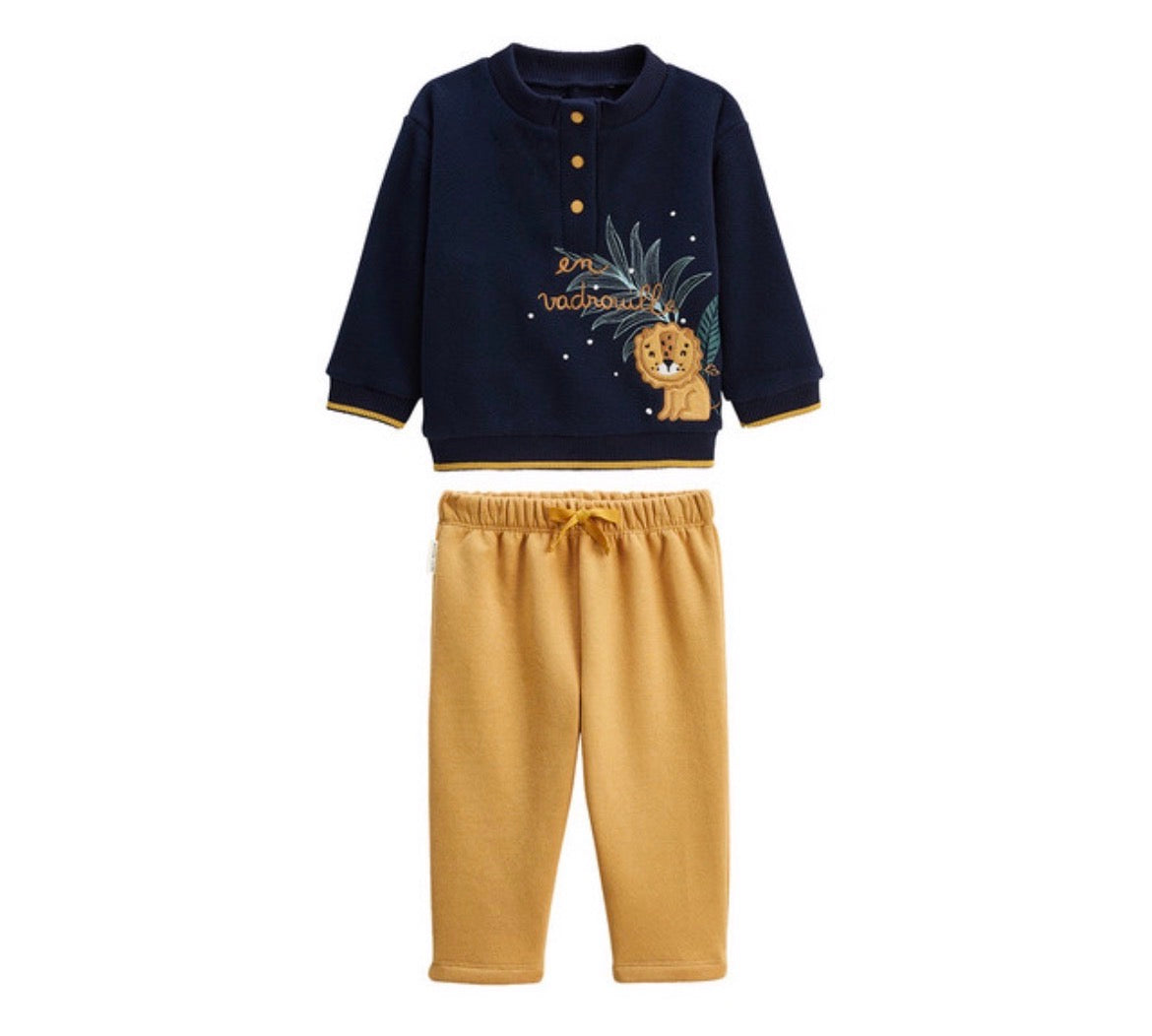 Ensemble 2 pcs sweat polaire bleu et pantalon molleton moutarde
