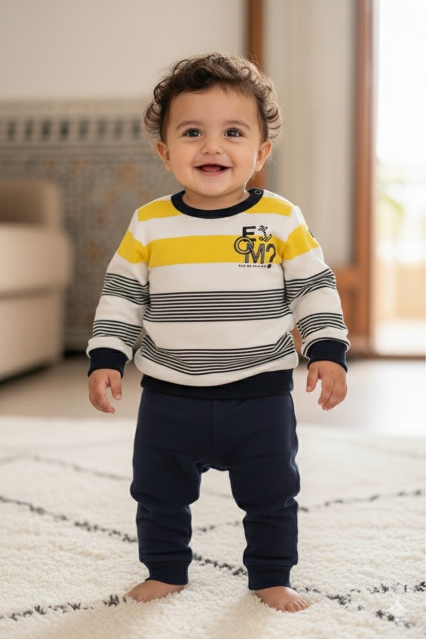 Sweat rayé jaune et bleu marine