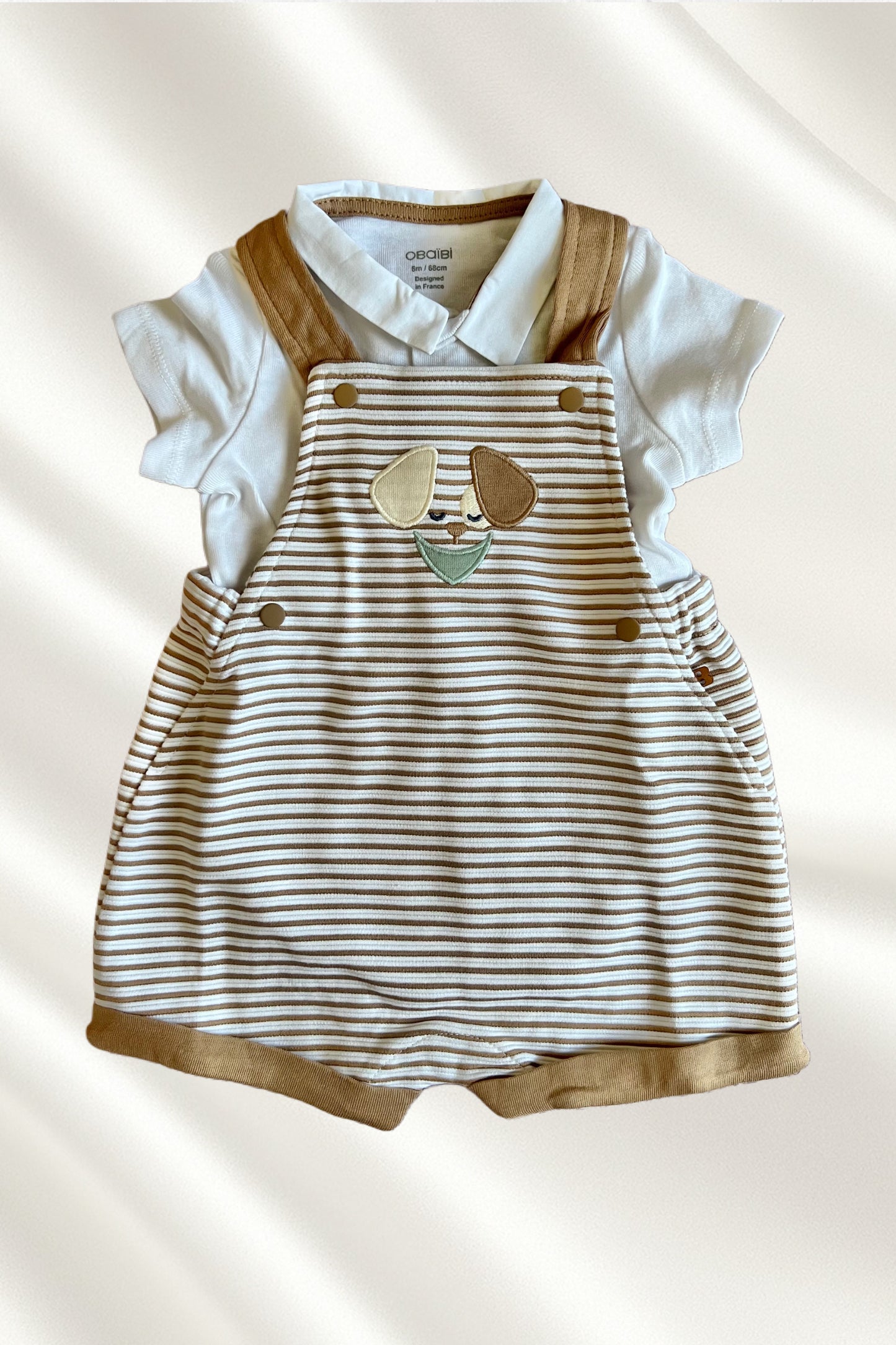 Ensemble 2 pcs salopette rayée beige et Polo
