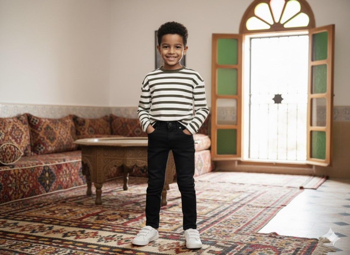 Ensemble 2 pcs Pull rayé en kaki & jean skinny noir