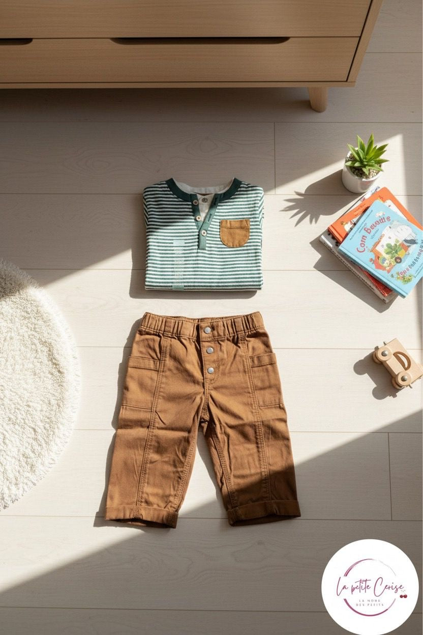 Ensemble 2 pcs Pull rayé en vert & pantalon marron