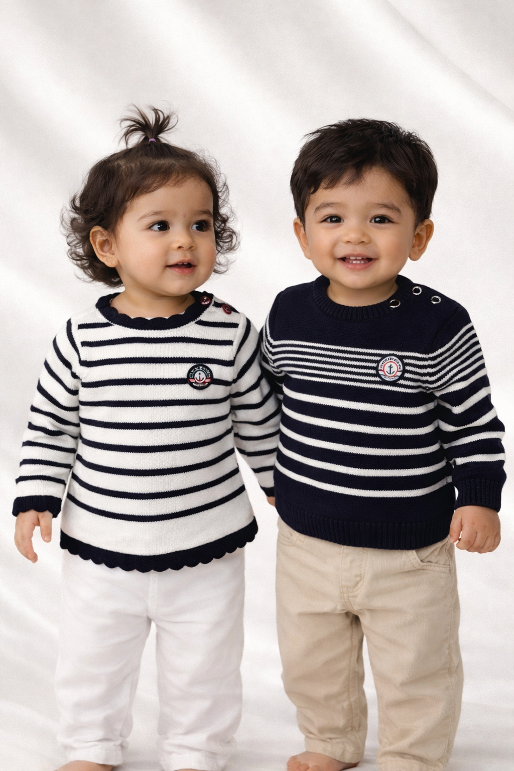 Tricot bleu marine rayé en blanc