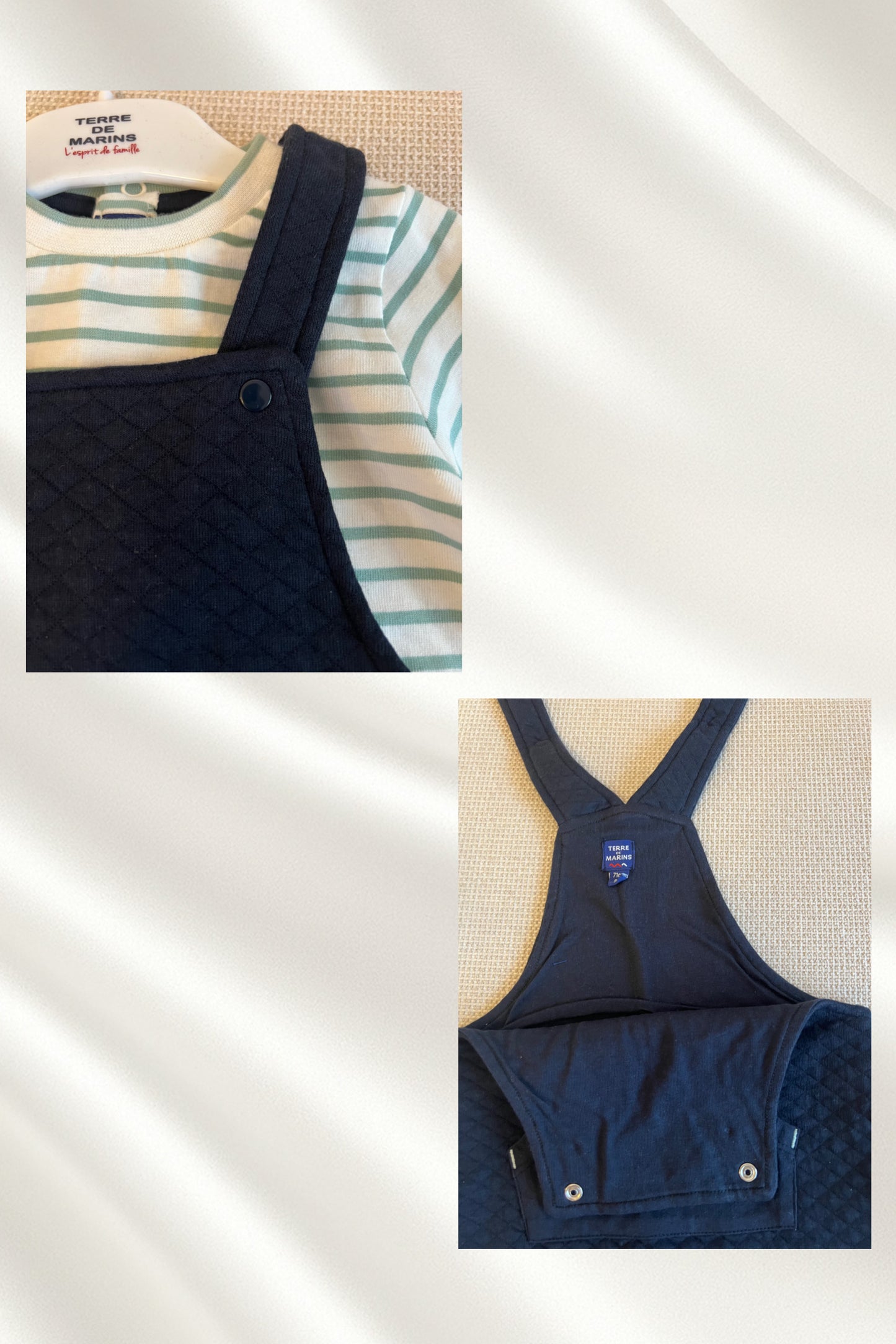 Ensemble salopette bleu marine et haut rayé vert