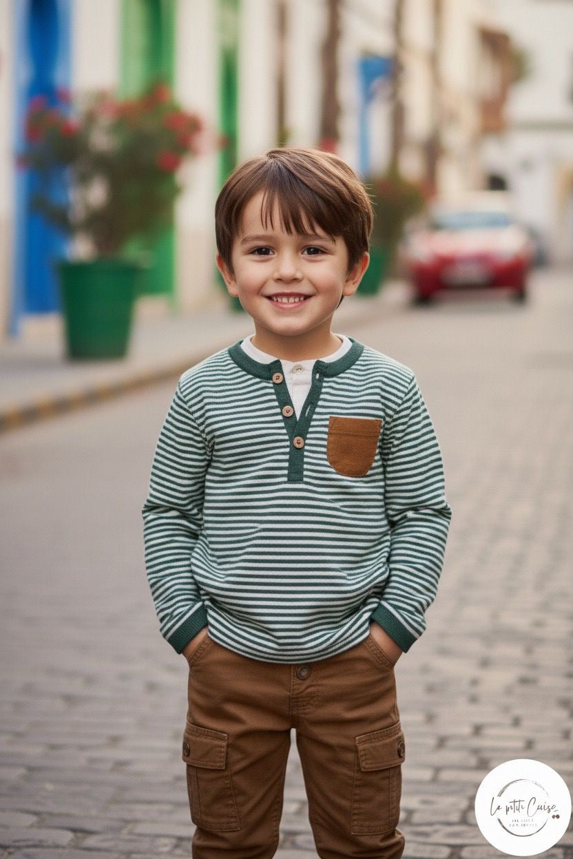 Ensemble 2 pcs Pull rayé en vert & pantalon marron