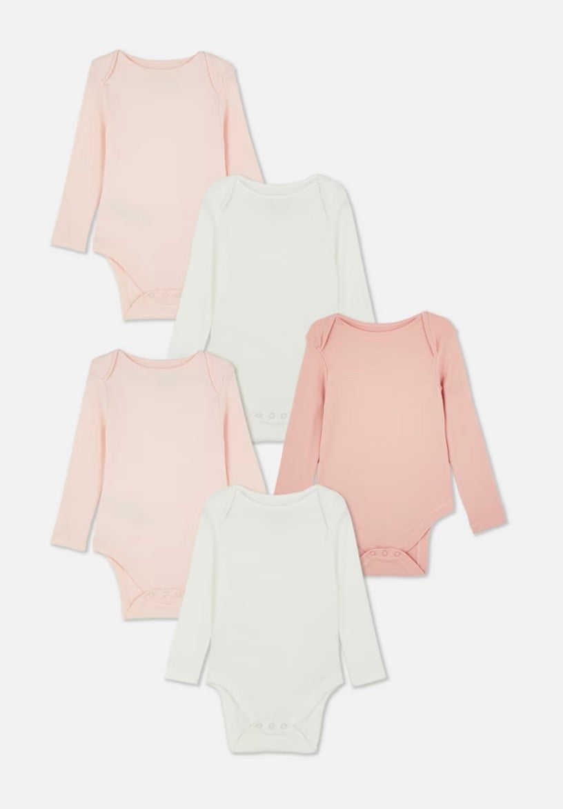 Pack 5 bodies manches longues fille rose et blanc