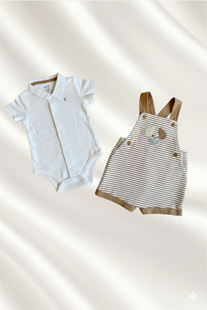 Ensemble 2 pcs salopette rayée beige et Polo