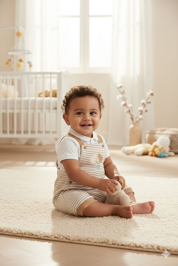 Ensemble 2 pcs salopette rayée beige et Polo