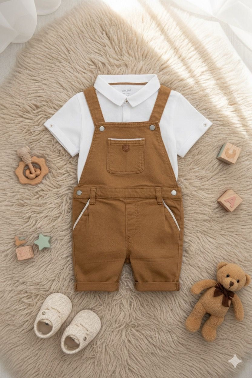 Ensemble 2 pcs Salopette courte en Marron avec Polo