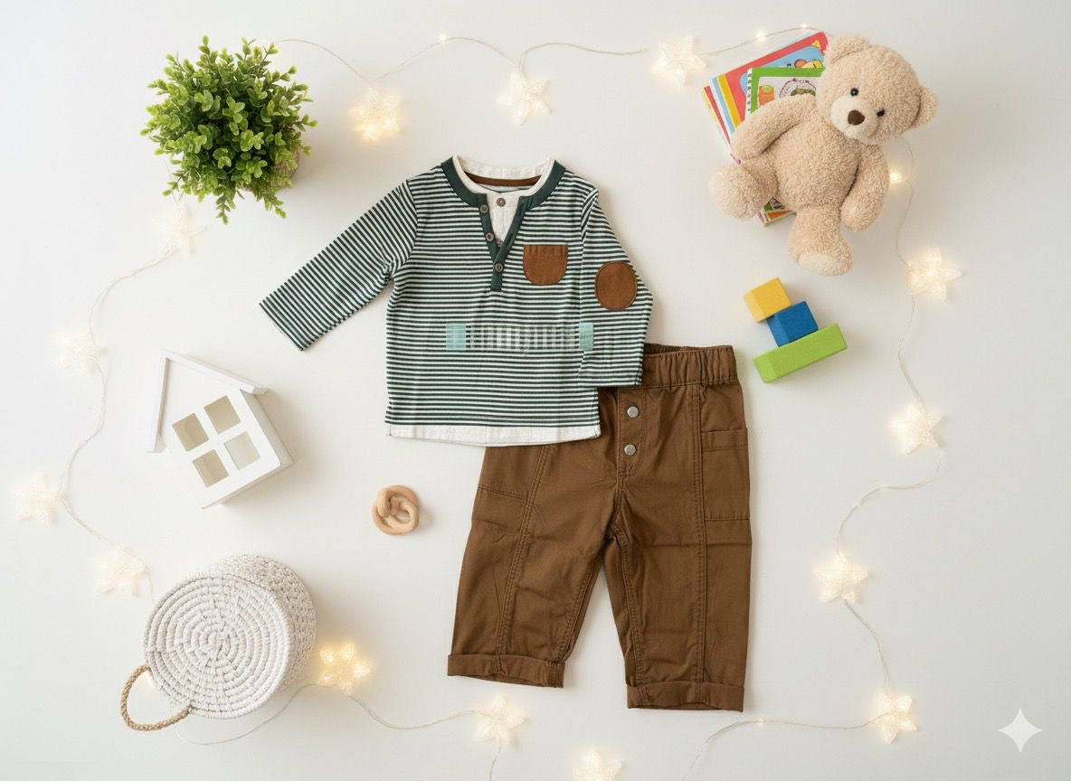 Ensemble 2 pcs Pull rayé en vert & pantalon marron
