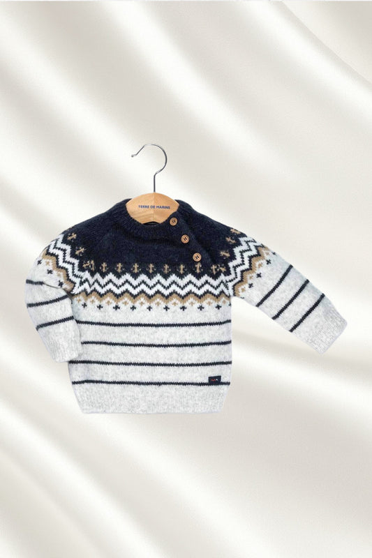 Tricot gris chiné et bleu marine
